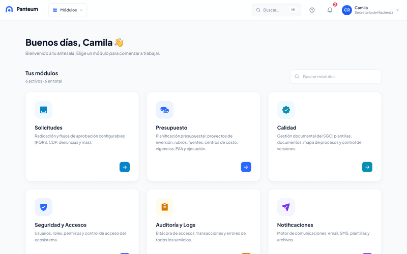 Hub de Panteum con las tarjetas de los módulos Solicitudes, Presupuesto, Calidad, Seguridad y Accesos, Auditoría y Logs y Notificaciones.